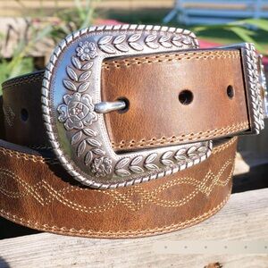Ariat Brown Genuine Leather Belt with Silver Buckle & Floral Accent